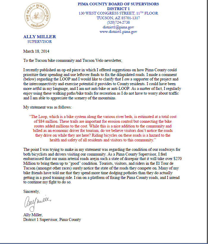 Letter from Supervisor Miller